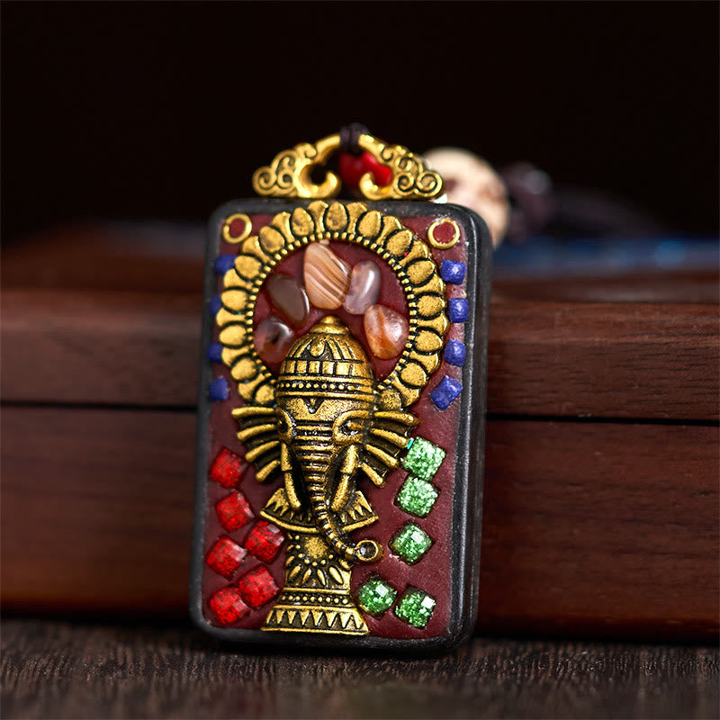 Tibetische Kette Ebenholz Ganesha Anhänger bunt verziert Halbedelsteine
