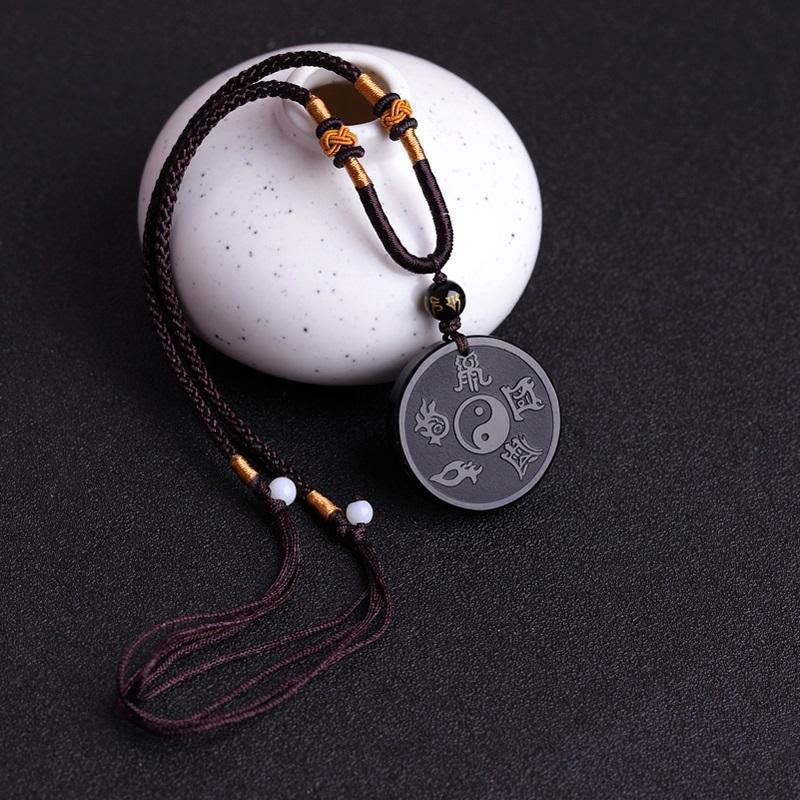 Schlüsselanhänger Obsidian Yin Yang – Stärke Tierkreis Gravur spirituell Glücksbringer