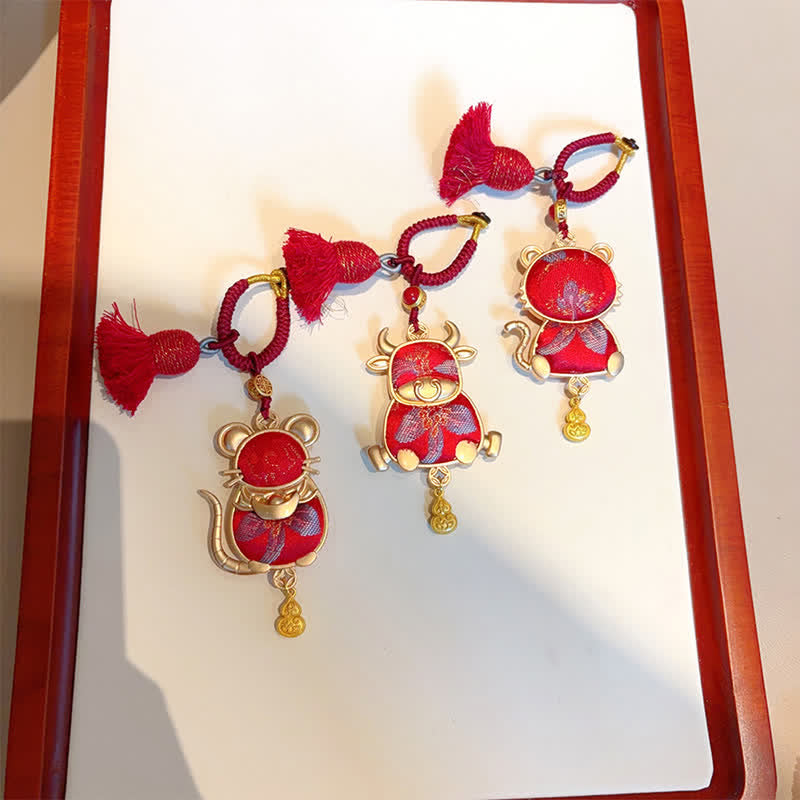 Schlüsselanhänger Tierkreis Brokat Quaste rot gold Glücksbringer chinesisch traditionell