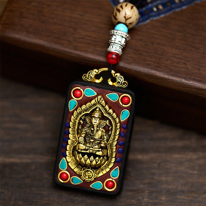 Tibetische Kette Ebenholz Ganesha Frieden goldener Anhänger farbigen Steinen