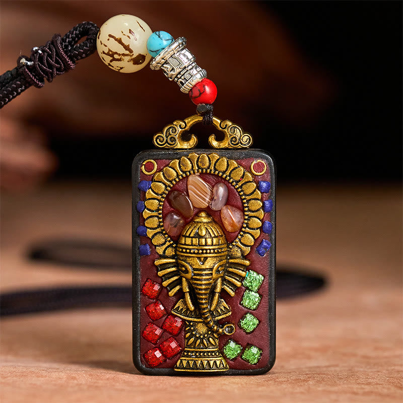 Tibetische Kette Ebenholz Ganesha Anhänger Frieden bunte Edelsteine