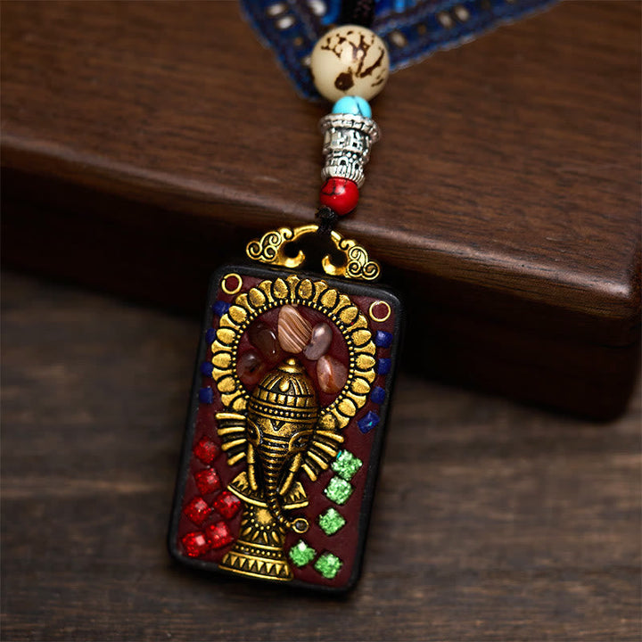 Tibetische Ganesha Kette Ebenholz mit Rubin Smaragd Edelsteinen Frieden