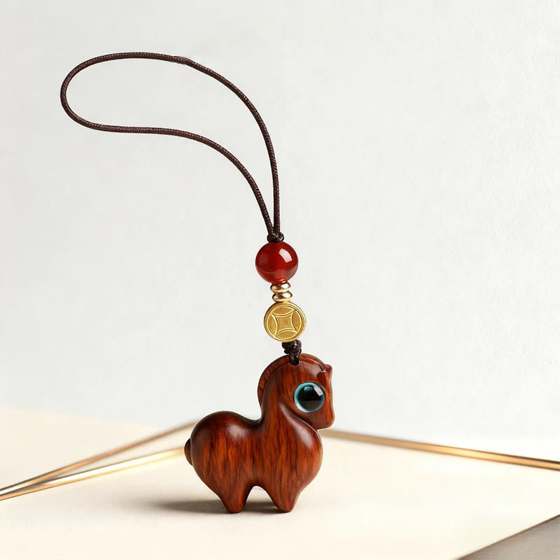 Schlüsselanhänger Pferd Sandelholz Ruhe Achat Glücksmünze Feng Shui spirituell