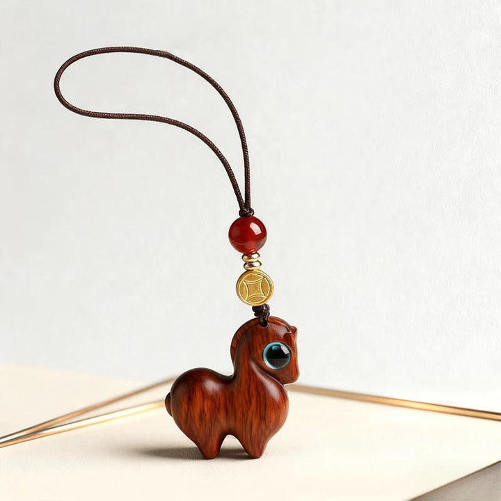 Schlüsselanhänger Pferd Sandelholz Ruhe Achat Glücksmünze Feng Shui spirituell