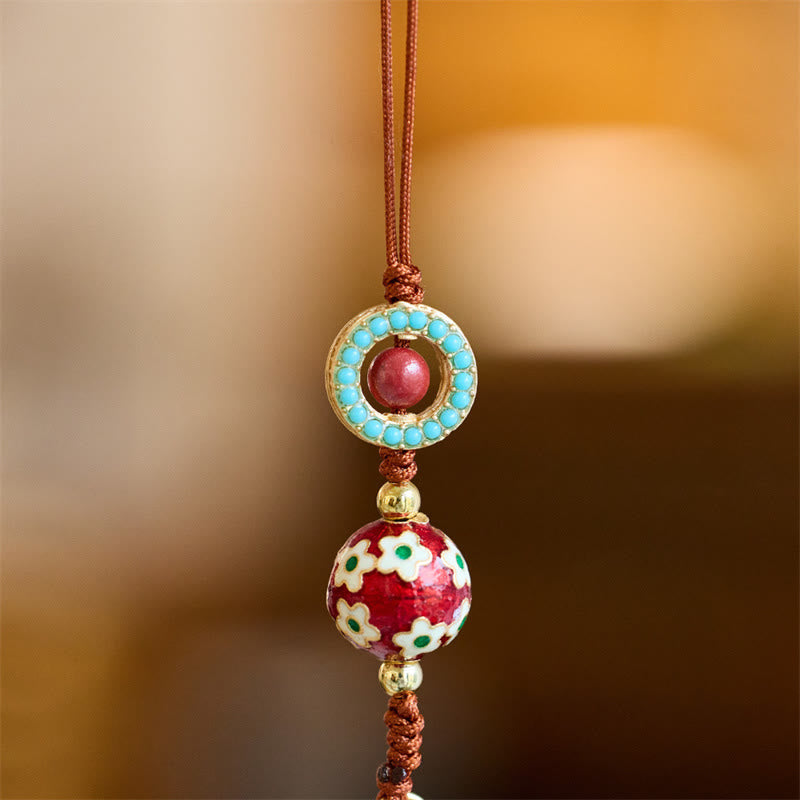 Schlüsselanhänger Wu Lou Sandelholz – Glück Cloisonné Blumen Türkis spirituell