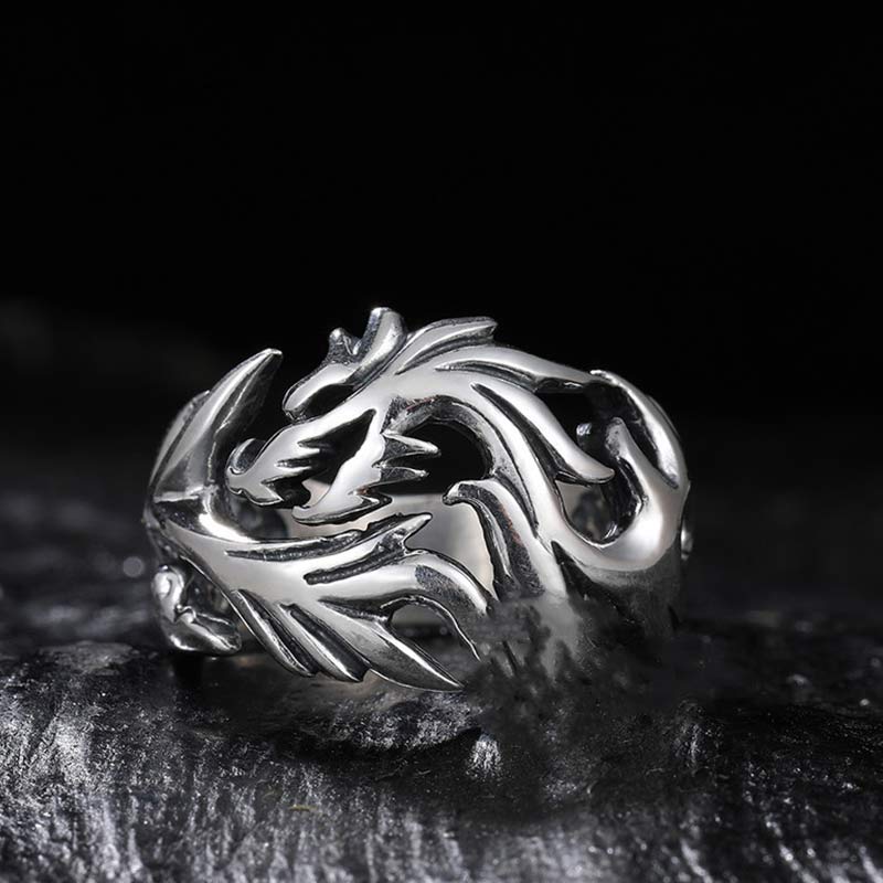 Silberner Drachen Ring Schmuck Fengshui Schutz Stärke Fingerring