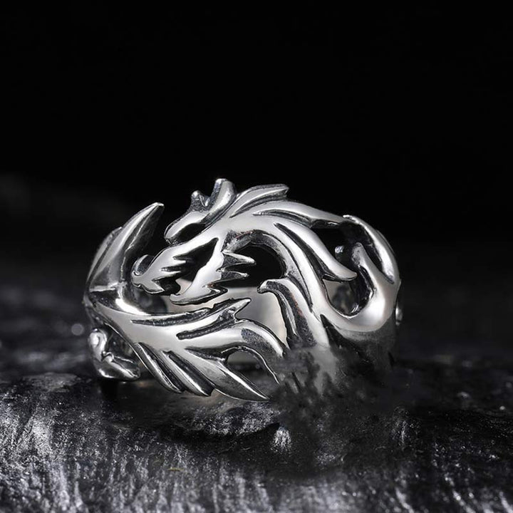 Silberner Drachen Ring Schmuck Fengshui Schutz Stärke Fingerring