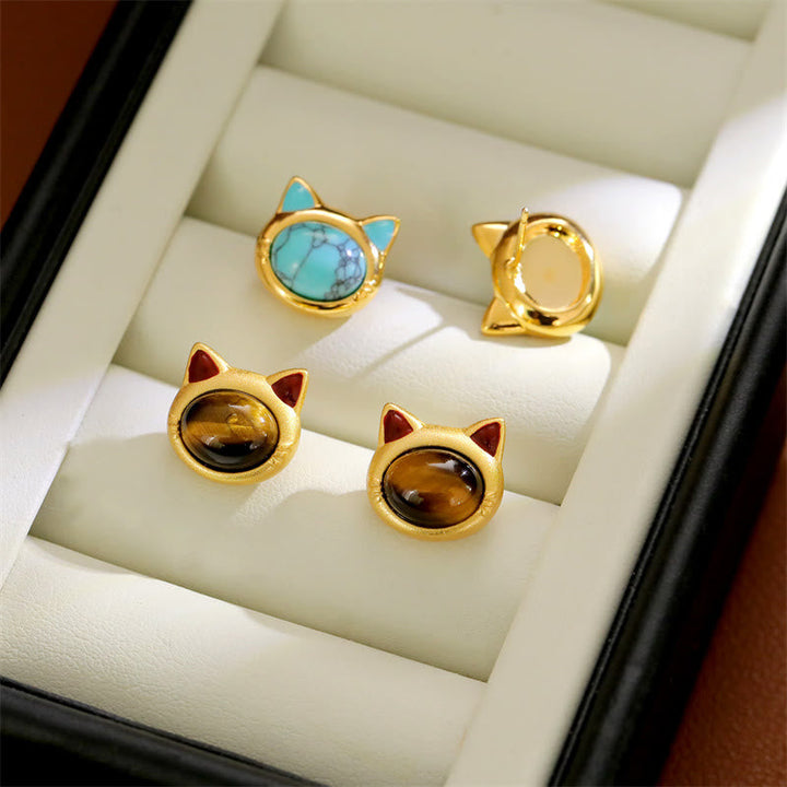Ohrringe Türkis Tigerauge Katze – Schutz Gold Boho Schmuck Ohrstecker