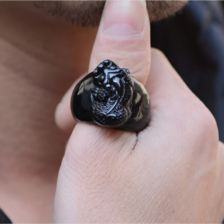 Ring Schwarzer Obsidian Pixiu Stärke Fengshui Schutz Glück