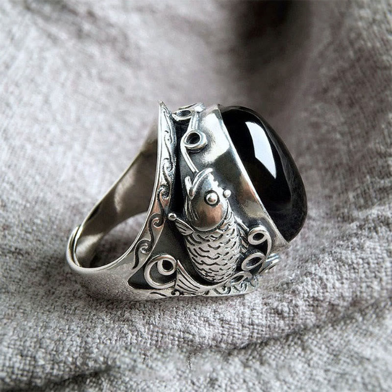 Ring Schwarzer Obsidian Koi Fisch – Stärke Schutz Glück Energie