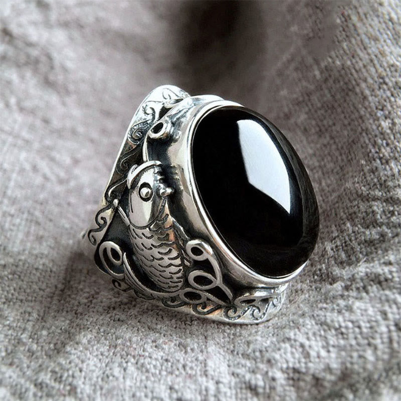 Ring Schwarzer Obsidian Koi Fisch – Stärke