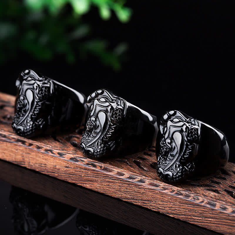 Ring Schwarzer Obsidian Pixiu – Stärke