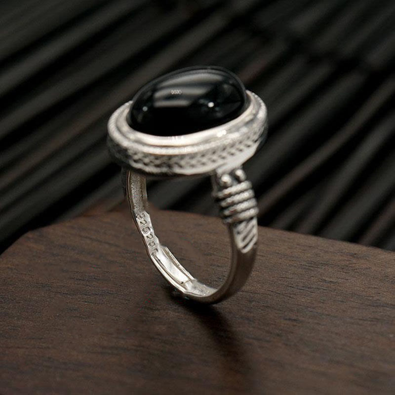 Schwarzer Onyx Ring Silber Fengshui Symbol Schutz Glück