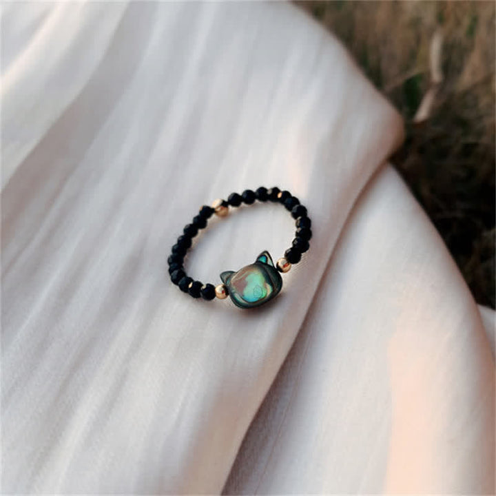Ring Tridacna Katze Segen mit schwarzem Perlenkranz Anhänger Schmuck