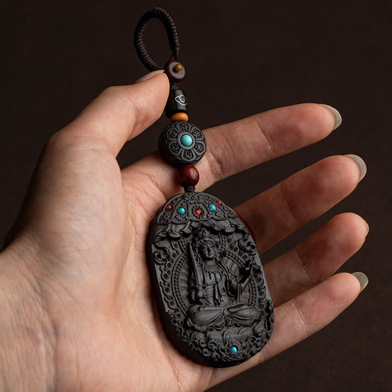 Schlüsselanhänger Natal Buddha Ebenholz – Segen Glücksbringer spirituell handgeschnitzt Türkis