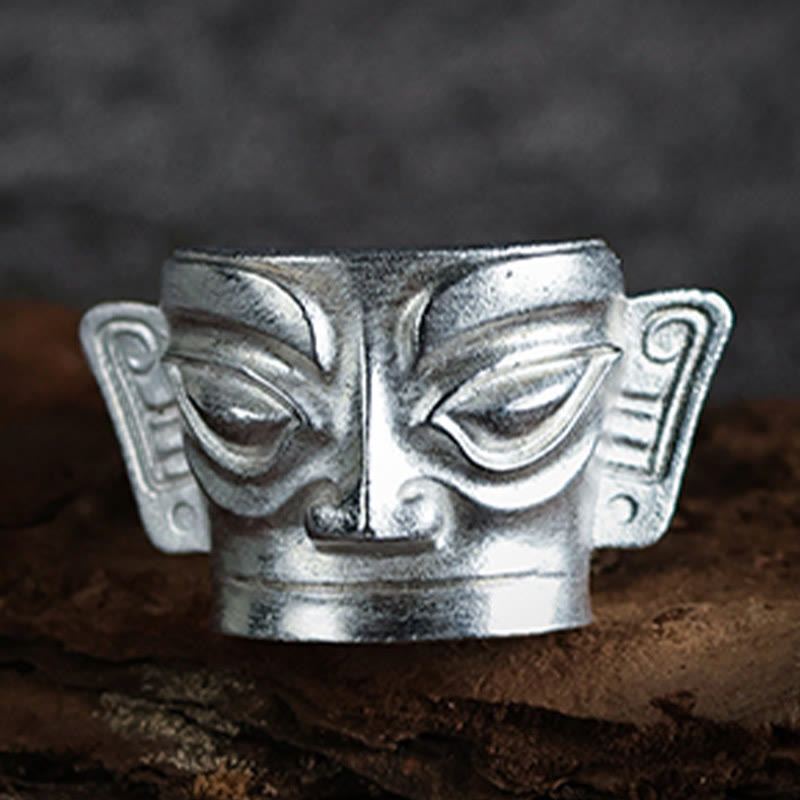 Ring 999 Silber mit Sanxingdui Maske Design Schutz Glück Fingerring