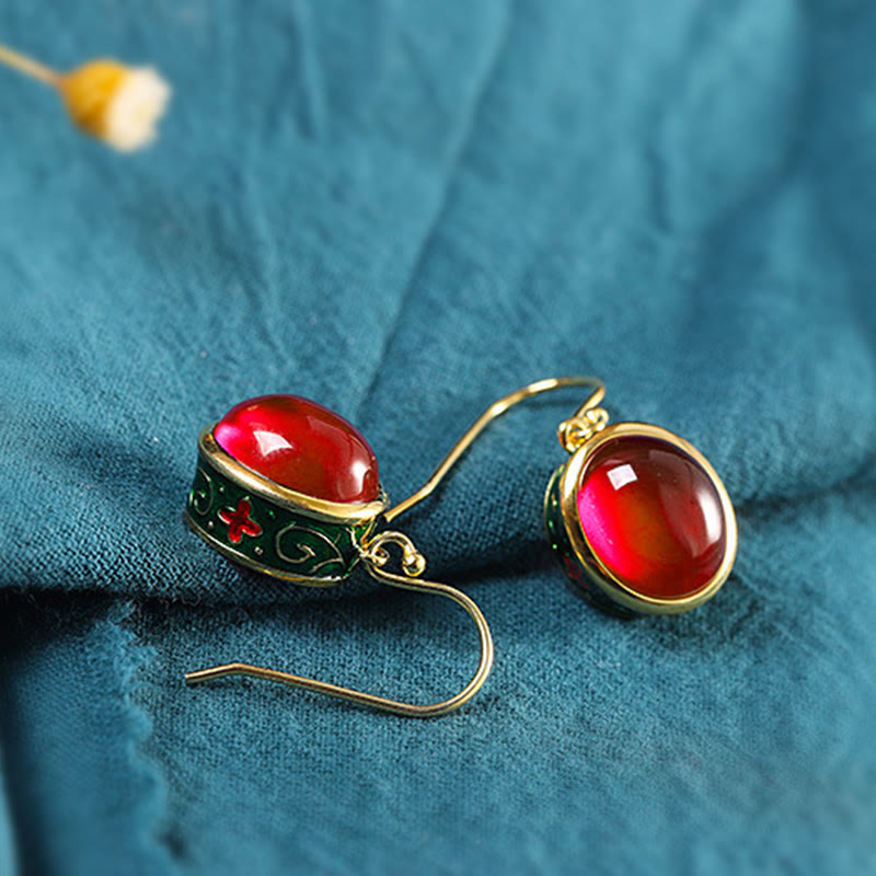 Ohrringe Roter Korund vergoldet Emaille Boho Schmuck spirituell Ohrhänger Vintage