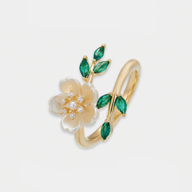 Ring Perle Zirkonia Blume grüne Blätter – Glück Wohlstand