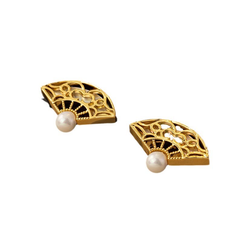 Ohrringe Perlen Kupfer Fächer Weisheit goldene Ohrhänger asiatisch elegant Schmuck