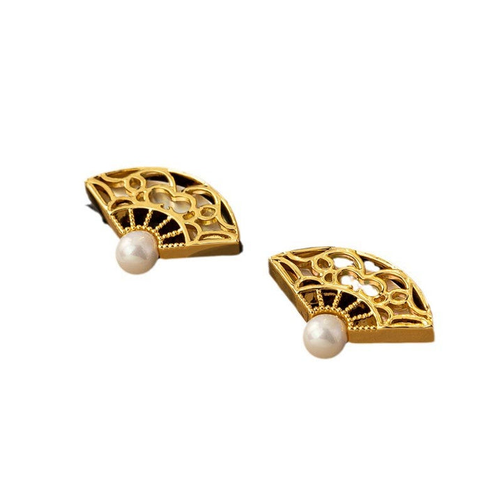 Ohrringe Perlen Kupfer Fächer Weisheit goldene Ohrhänger asiatisch elegant Schmuck