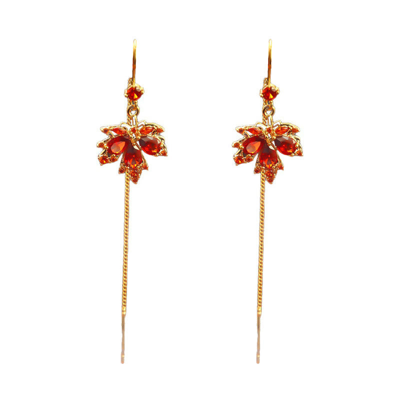 Ohrringe Ahornblatt Zirkon Kupfer Glück rote Steine Boho Schmuck Ohrhänger