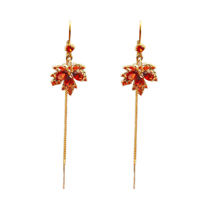Ohrringe Ahornblatt Zirkon Kupfer Glück rote Steine Boho Schmuck Ohrhänger