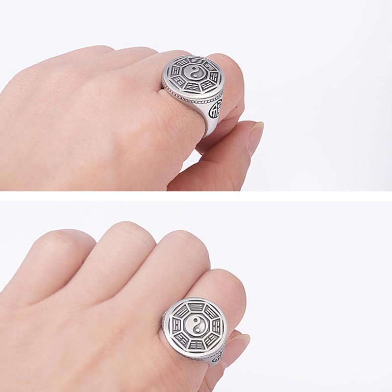 Silber Ring Yin Yang Balance mit Fengshui Symbolen Schutzring