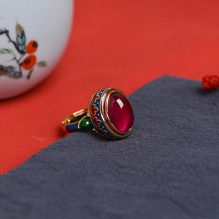 Roter Korund Ring 925 Silber mit blauem Email Design Mut Schutz