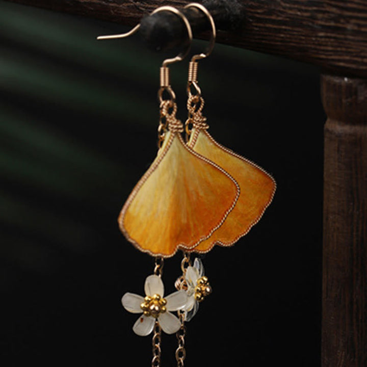 Ohrringe Ginkgo Kupfer Seide – Glück hängend Boho Schmuck spirituell