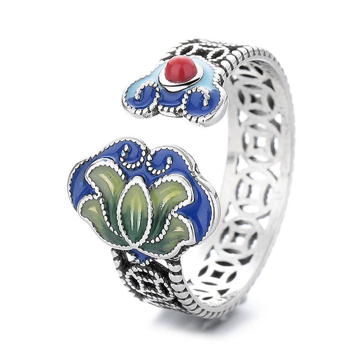 Ring Kupfer Lotus Münzen grüne Edelsteine Fengshui Schutz