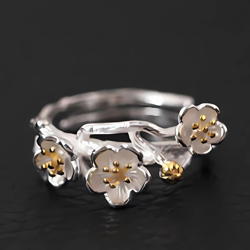 Ring 925 Silber Pflaumenblüte Ruhe mit goldenen Akzenten Damenschmuck
