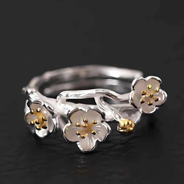 Ring 925 Silber Pflaumenblüte Ruhe mit goldenen Akzenten Damenschmuck