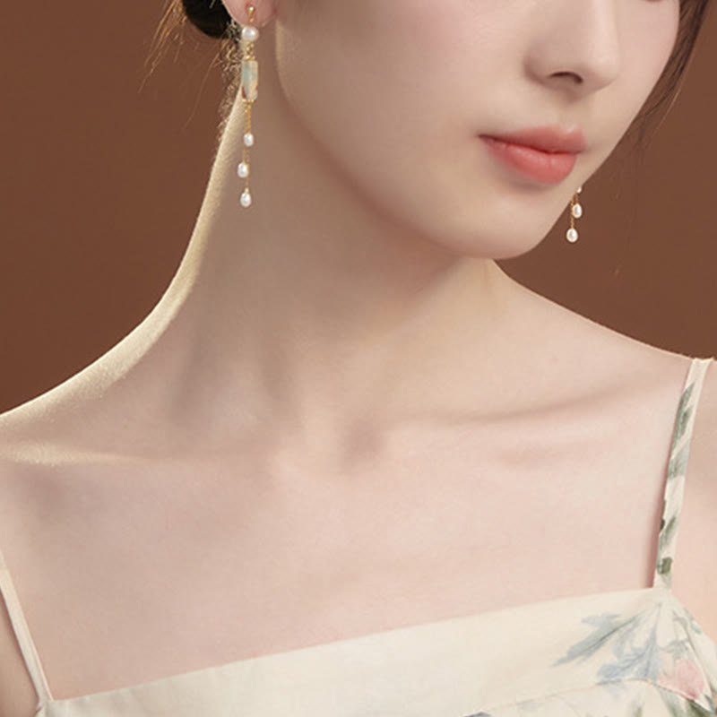 Ohrringe Shoushan-Stein Perle getragen Gold lange Quaste eleganter Boho Schmuck