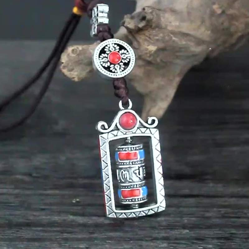 Schlüsselanhänger Om Mani Gebetsmühle Silber Koralle Tibet spirituell Glücksbringer