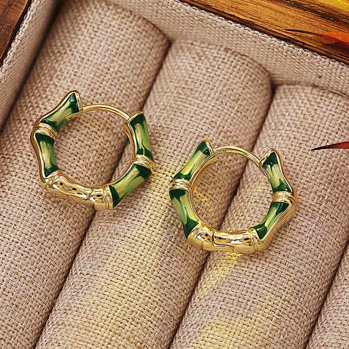 Ohrringe Kupfer Bambus Glück Wohlstand goldene Creolen grüne Emaille Schmuck