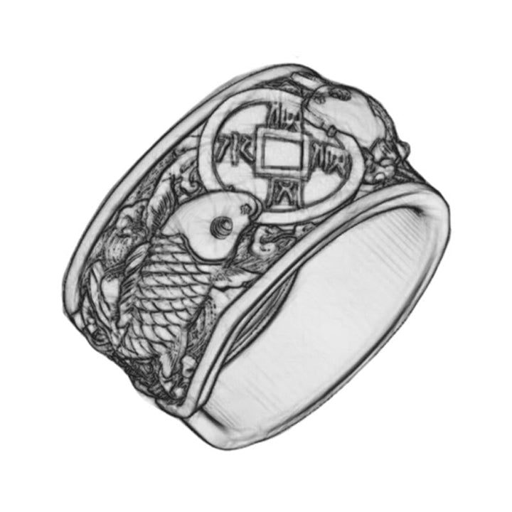 Ring 925 Silber Koi Fisch Kupfermünze Feng Shui Glück Wohlstand