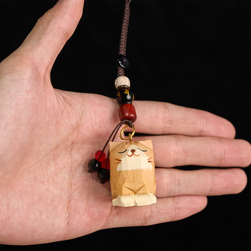 Schlüsselanhänger Om Mani Padme Hum Katze Holz handgeschnitzt Glücksbringer spirituell