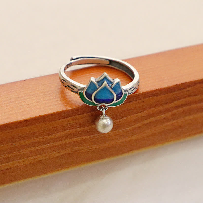 Blauer Lotus Ring aus Silber mit Perle Glück Fengshui