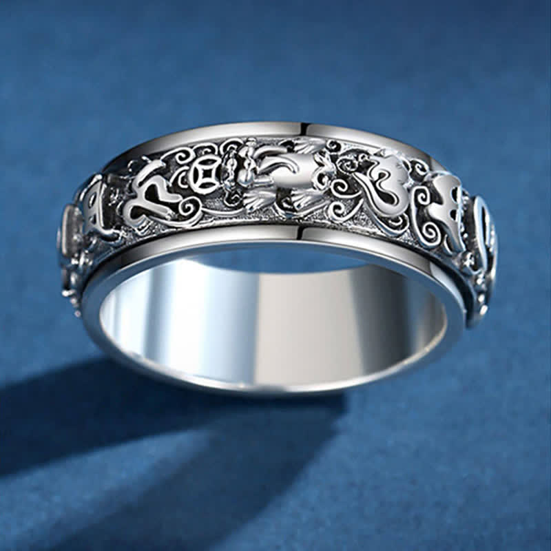 Silberner Pixiu Ring mit Om Mani Padme Hum Gravur spirituelle Meditation Schutz