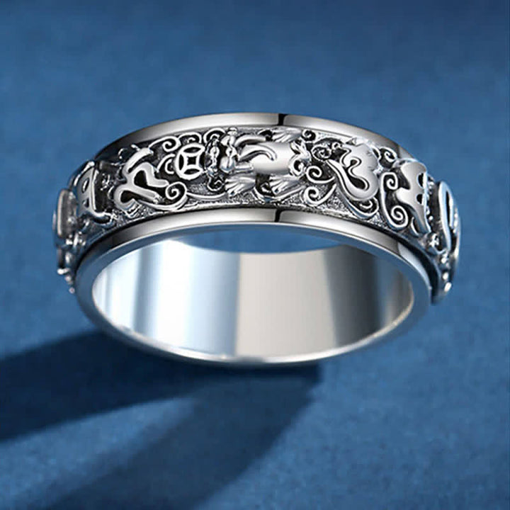 Silberner Pixiu Ring mit Om Mani Padme Hum Gravur spirituelle Meditation Schutz