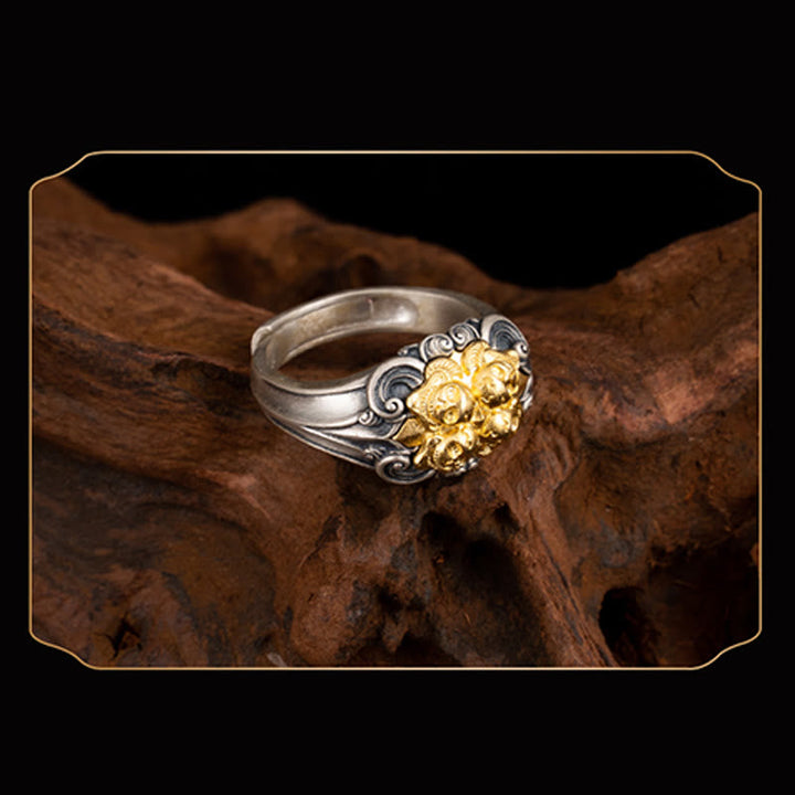 Ring 925 Silber Tibetanischer Schädel – Schutz vergoldete Motive Glück Fengshui