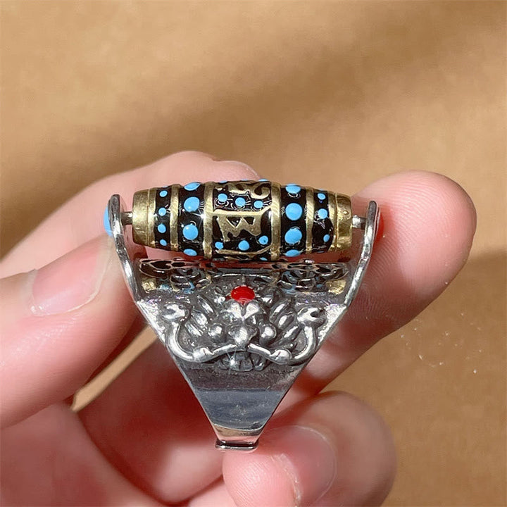 Ring Dzi Om Mani Padme Hum mit Turquoise Garuda Frieden Schutz