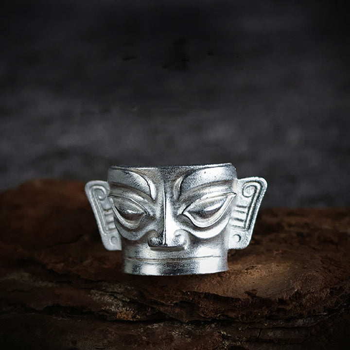 Sanxingdui Maske Ring aus 999 Silber traditionelles Schutz Design Fingerring