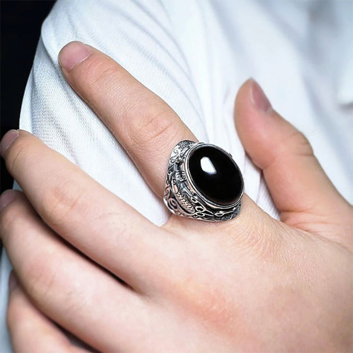 Ring Schwarzer Obsidian Koi Fisch Stärke Fengshui Schutz Fingerring