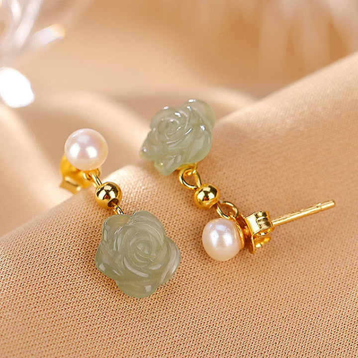 Ohrringe Jade Perle Blume – Glück Gold Boho Schmuck spirituell