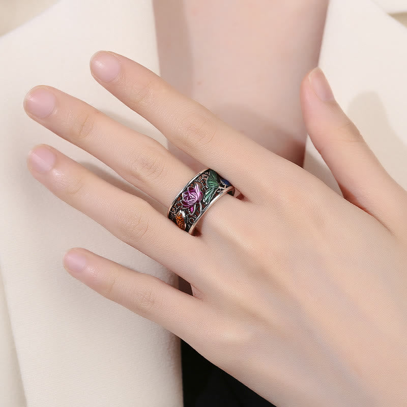 Ring aus Kupfer mit Lotus Koi Fisch Herzsutra Glück Design