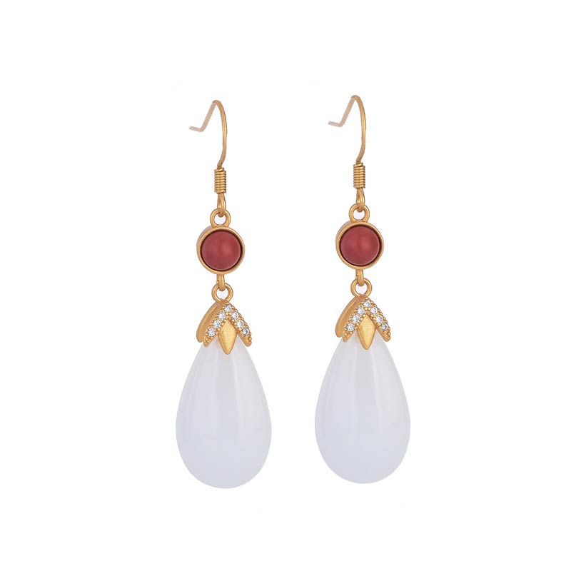 Ohrringe Weiße Jade Glück Tropfen Gold roter Achat Boho spirituell