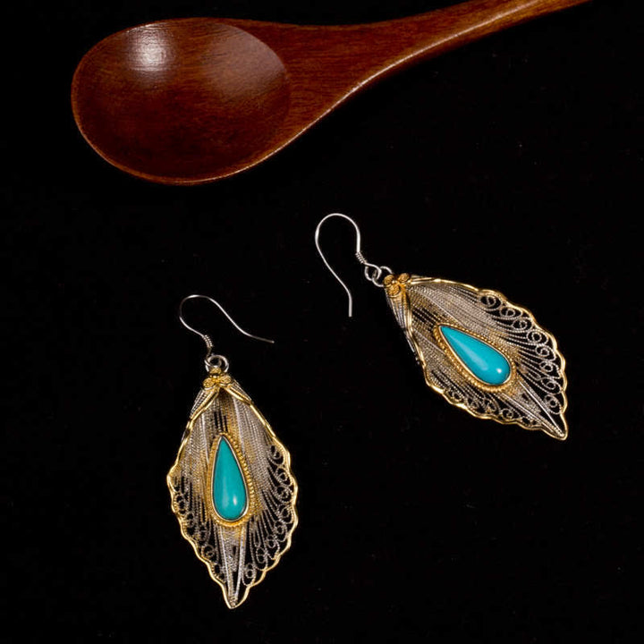 Ohrringe Silber Türkis Bodhi-Blatt Schutz filigran Boho Schmuck spirituell Ohrhänger