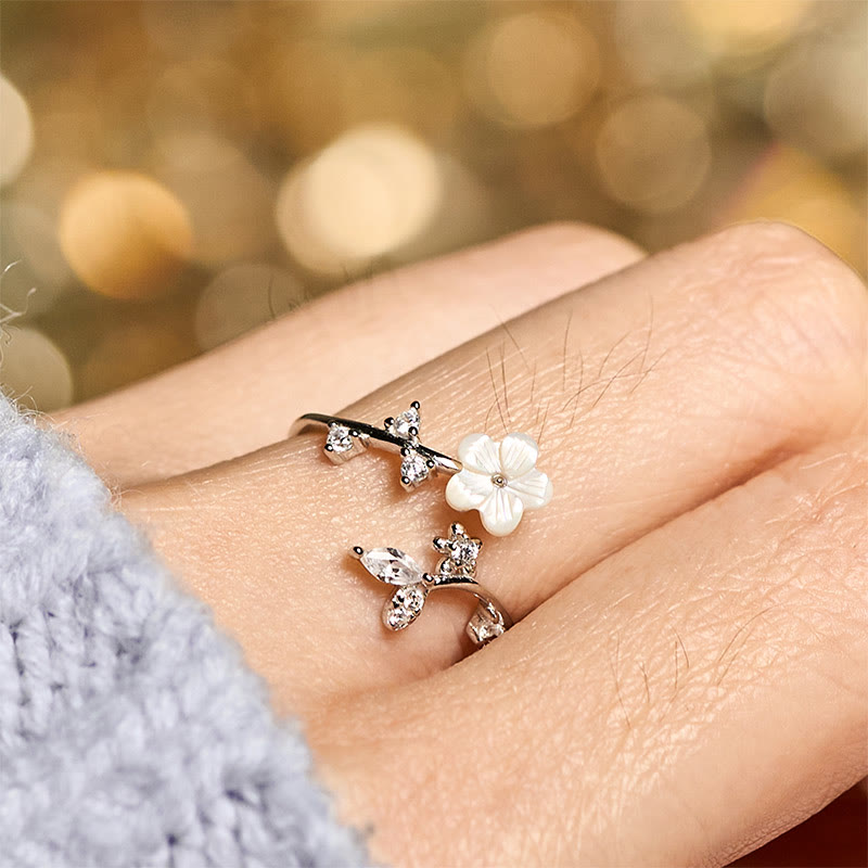 Ring 925 Silber Weiße Blume Segen elegant verstellbar Glück