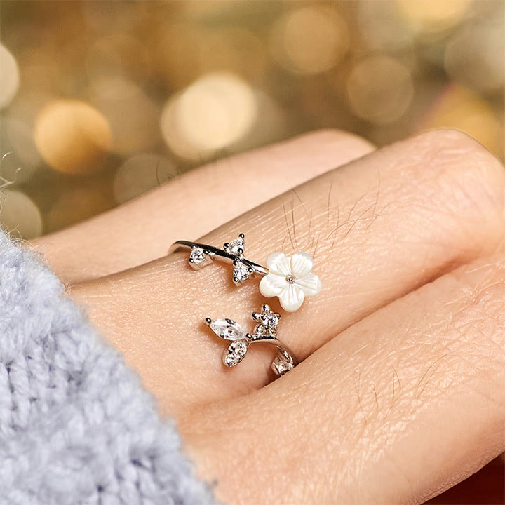 Ring 925 Silber Weiße Blume Segen elegant verstellbar Glück